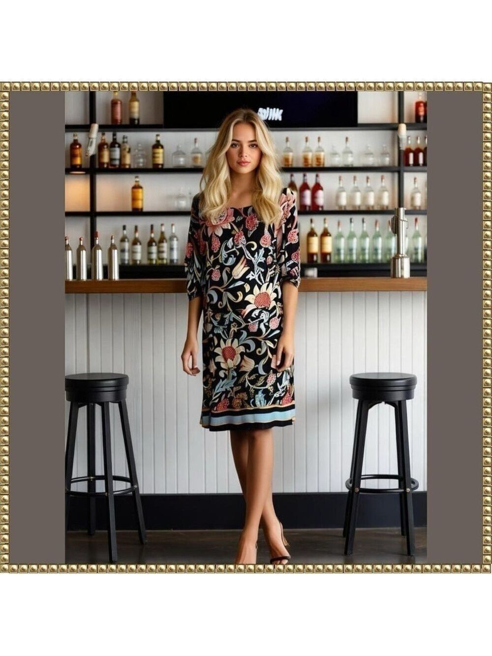 BCBG Max Azria Navy Floral Sheath Dress Medium